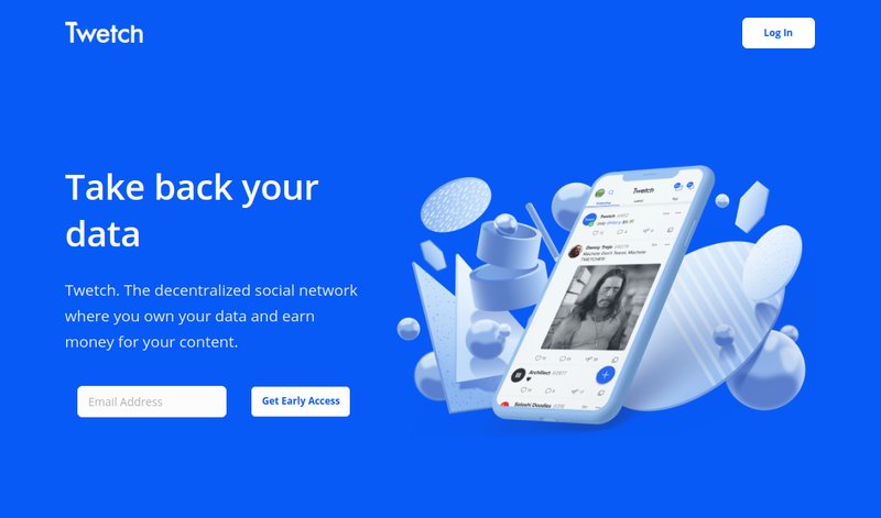 A blue-themed webpage promoting Twetch, one of the best decentralized social media networks, features a smartphone displaying the app and text encouraging early access sign-up.