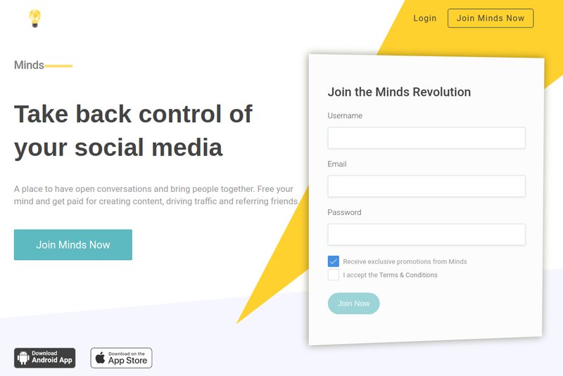 A website's account creation page encourages users to join the best decentralized social media networks. It includes fields for username, email, and password, with checkboxes for accepting terms. There's a "Join Now" button and app download links.