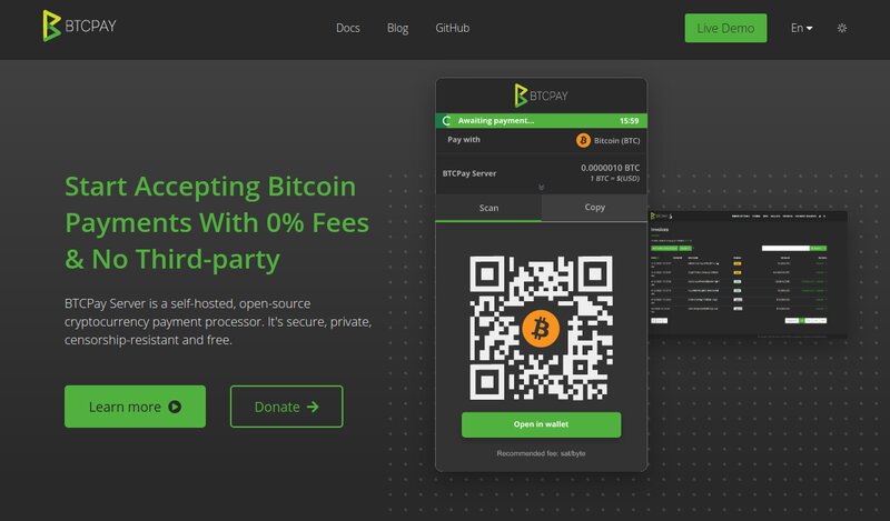         BTCPay Server landing page showcasing a Bitcoin payment interface with a QR code. Text reads "Start Accepting Bitcoin Payments With 0% Fees & No Third-party." Buttons include "Learn more" and "Donate." Discover the future of crypto payment gateways today.