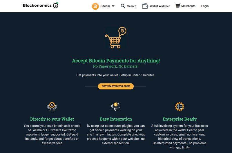 Screenshot of Blockonomics homepage. Header includes logo and navigation options. Main section showcases crypto payment gateways: Bitcoin payment acceptance features, direct wallet transfers, easy plugin integration, and enterprise solutions.