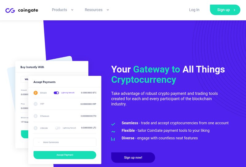 A product page for CoinGate showing forms for buying cryptocurrencies and accepting payments through top-notch Crypto Payment Gateways. Features listed include seamless trading, flexible tools, and diverse exchange options.