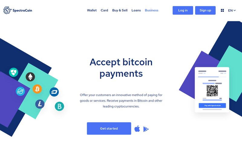         The SpectroCoin webpage features a "Accept Bitcoin Payments" header, options for wallet, card, buy & sell, and loans. A QR code is displayed on the right with navigation buttons for getting started, logging in, and signing up. It’s one of the leading crypto payment gateways available today.