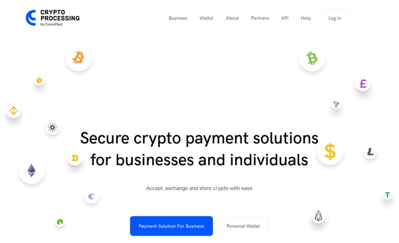 Website landing page for Crypto Processing by CoinPaid offering secure crypto payment solutions for businesses and individuals, with options for payment solutions and personal wallet. Various crypto icons are displayed, highlighting our efficient Crytpo Payment Gateways.