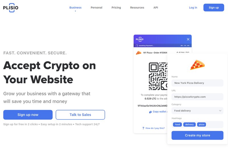 A webpage promoting Plisio, a cryptocurrency payment platform, displays the text "Accept Crypto on Your Website" alongside a mockup of a crypto payment gateway and a form for "New York Pizza Delivery.