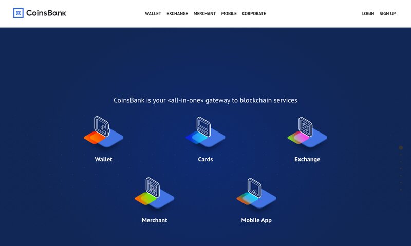 CoinsBank website homepage displays icons for Wallet, Cards, Exchange, Merchant, and Mobile App with the tagline "CoinsBank is your all-in-one gateway to blockchain services and crypto payment gateways.