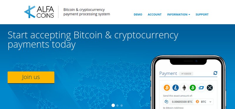 Website homepage of AlfaCoins, a Bitcoin and cryptocurrency payment processing system, with a call-to-action button for joining and an image of a smartphone displaying a crypto payment gateway interface.