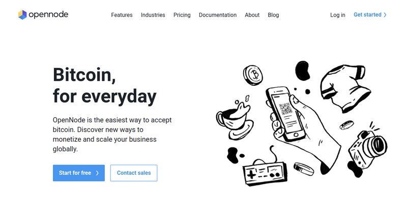 OpenNode website homepage displaying a headline promoting Bitcoin for everyday use through secure Crypto Payment Gateways, with options to start for free or contact sales, and illustrations of various items including a QR code and a game controller.