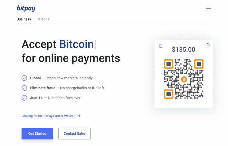 A screenshot of the BitPay website shows a QR code for a $135.00 Bitcoin payment. Features listed include instant global reach, elimination of fraud risks, and just 1% fee without hidden costs, highlighting its role among top crypto payment gateways.