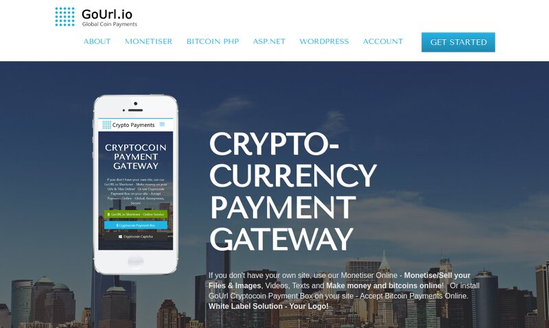 Screenshot of GoUrl.io homepage featuring a mobile phone displaying a crypto payment gateway. The menu includes options like "ABOUT," "MONETISER," "BITCOIN PHP," "ASP.NET," and "WORDPRESS.