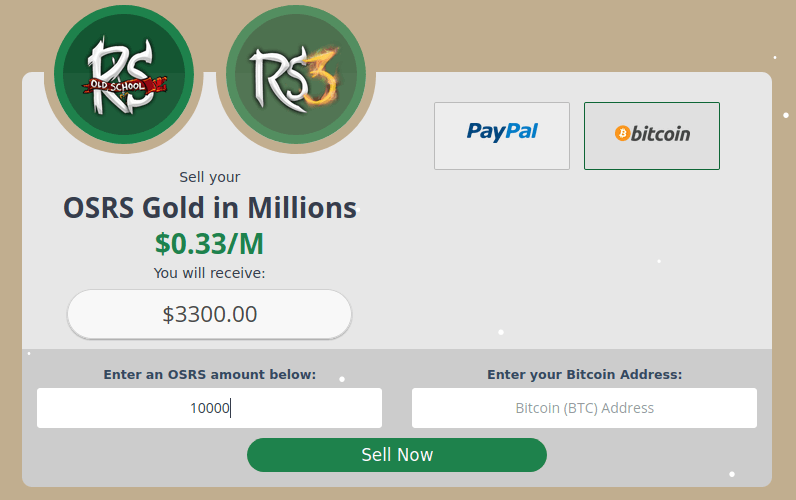 Screenshot of a website offering to buy OSRS gold at $0.33 per million, with payment options PayPal and Bitcoin; acquire Bitcoin without ID verification. Input fields for gold amount and Bitcoin address show an example transaction of $3,300.00 for 10,000M.