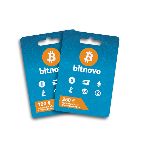 Two Bitnovo gift cards, one for 100 euros and the other for 250 euros, both redeemable for cryptocurrencies. Featuring various cryptocurrency symbols on a blue background, these cards make it easy to acquire Bitcoin without ID verification.