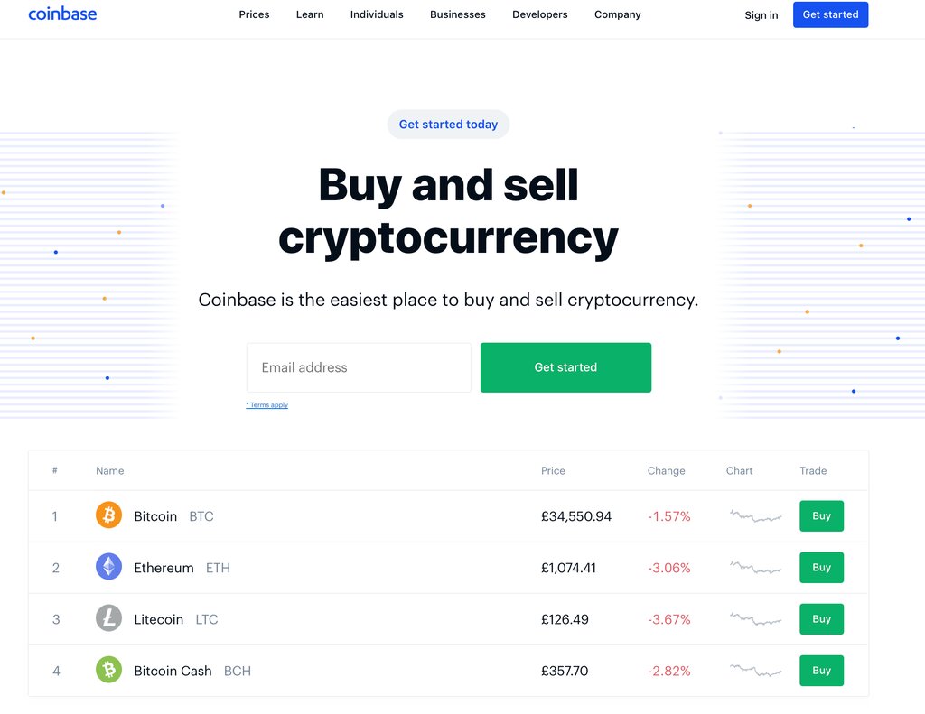 The Coinbase webpage offers options to buy and sell cryptocurrencies, highlighting Bitcoin, Ethereum, Litecoin, and Bitcoin Cash. It features an input for your email and a "Get started" button. Plus, you can set up recurring Bitcoin purchases to make investing even easier.