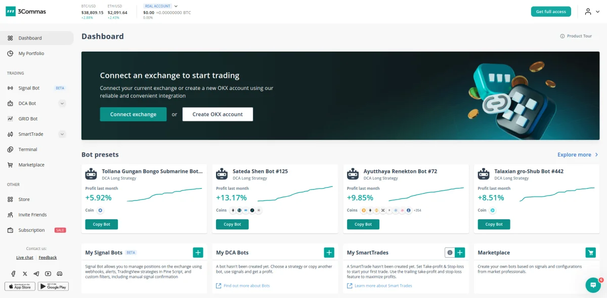 The dashboard interface of the cryptocurrency trading platform showcases the performance of various trading bots, complete with statistics, charts, and options to engage in a 3commas deal or connect exchanges.