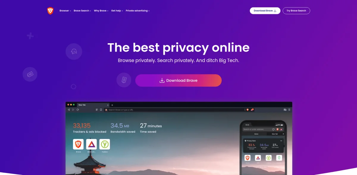 Brave browser's homepage with the slogan "The best privacy online" on a purple background, and a "Download Brave" button in the center. Earn BAT Rewards by browsing with Brave. 