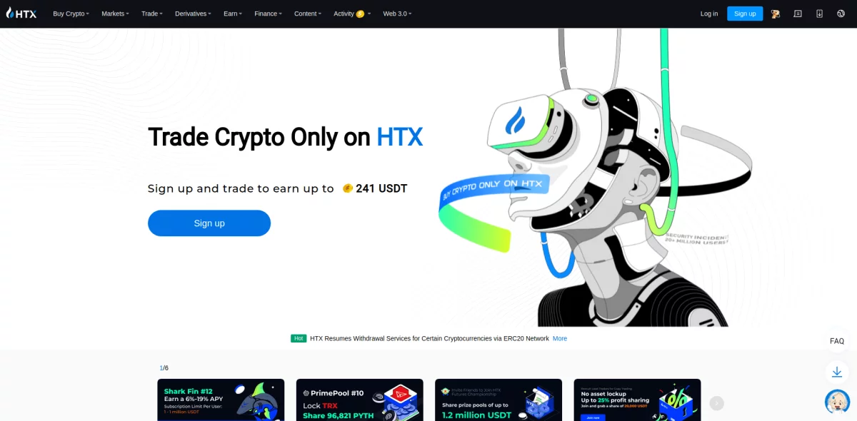 A website screen promoting cryptocurrency trading on HTX with a sign-up incentive of up to 241 USDT.