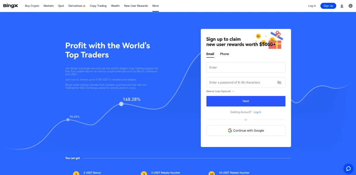A bright blue webpage promoting cryptocurrency trading features a line graph showing growth and a signup form for new user rewards worth $5000, requesting an email and invite code. Don't miss this BingX deal to get started in the crypto world today!