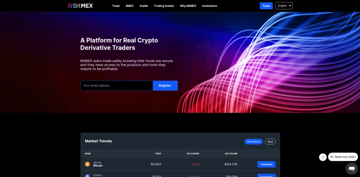 BitMEX website homepage featuring a registration banner, market trends, and navigation menu for trading, guides, and support. The banner promotes a secure BitMEX deal for crypto derivatives trading.