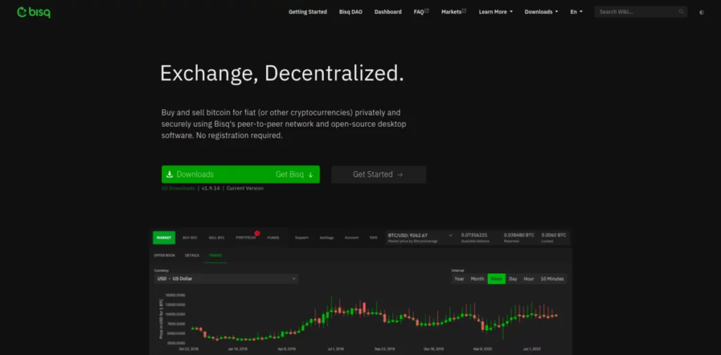 Screenshot of the Bisq homepage featuring the tagline "Exchange, Decentralized," with options to download the software and get started. A cryptocurrency price chart is displayed at the bottom.