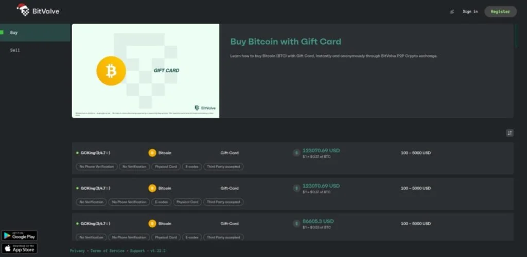 Screenshot of the BitValve platform showcasing options to buy Bitcoin with a gift card, featuring details on prices, trade limits, and seller verification status.
