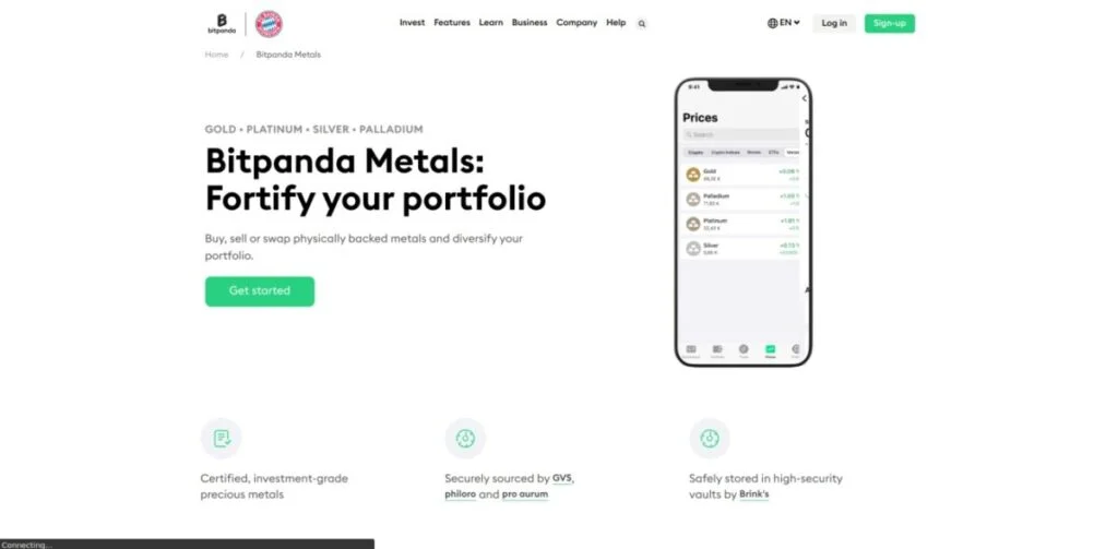 A webpage for Bitpanda Metals promoting investment in gold, platinum, silver, and palladium. Includes a "Get started" button, a phone image showing prices, and highlights on certification and security.