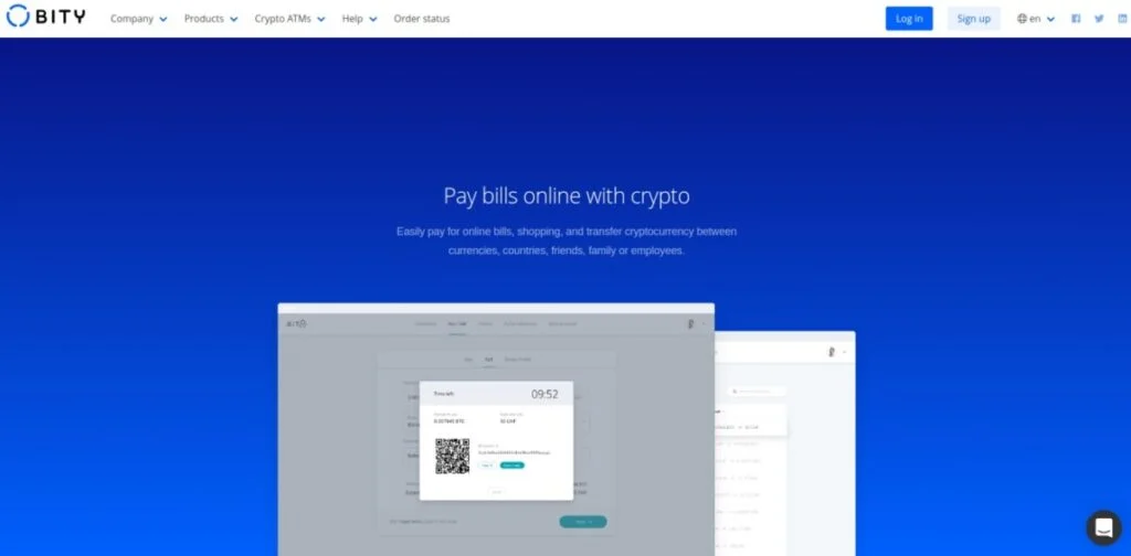 A website homepage with the title "Pay bills online with crypto" and a subheading about paying for online bills and transferring cryptocurrency. The page features a screenshot of a payment interface.