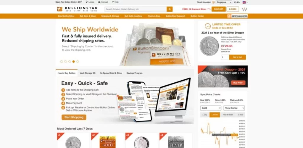 Screenshot of the BullionStar website displaying various bullion products for sale, including coins and bars. The homepage highlights shipping options, customer reviews, and notable bullion items.