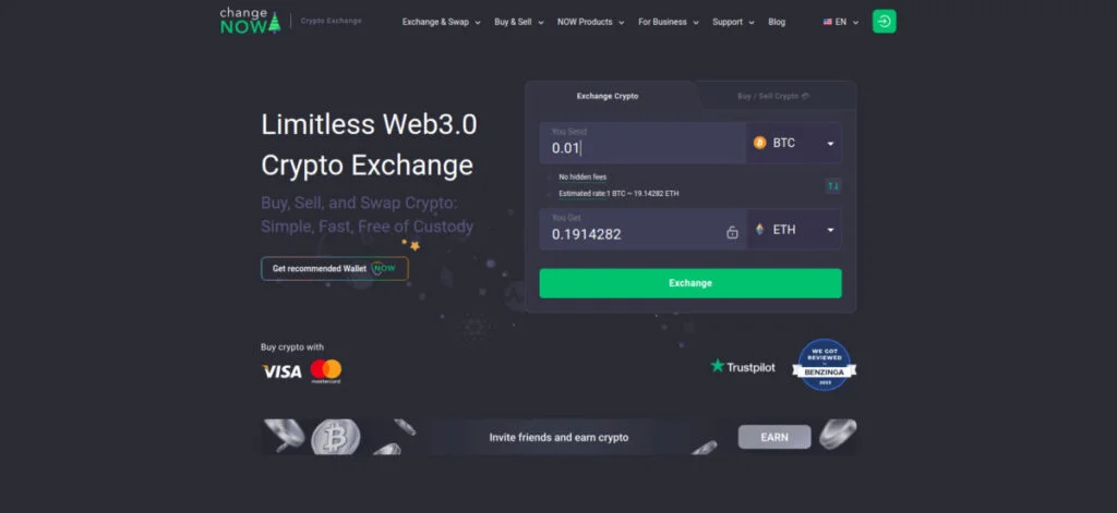 Screenshot of ChangeNOW's crypto exchange platform interface, showing options to exchange Bitcoin for Ethereum, payment methods, a Trustpilot rating, and an invitation to invite friends for rewards.