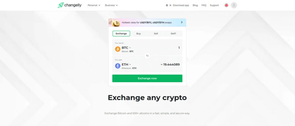 Screenshot of the Changelly website showing a cryptocurrency exchange interface with exchange rates, and options to buy, sell, or exchange Bitcoin for Ethereum. The text below reads "Exchange any crypto.