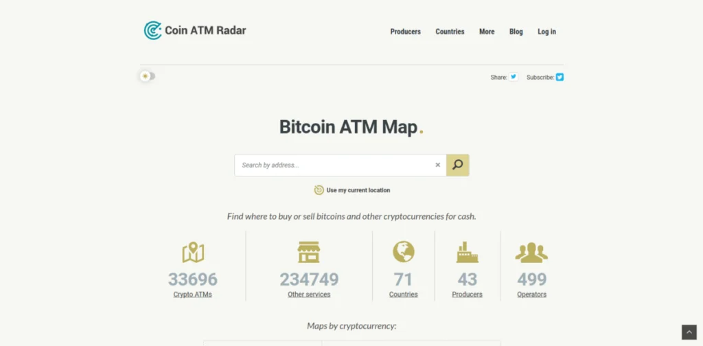 Screenshot of the Coin ATM Radar homepage showing a search bar for Bitcoin ATMs and cryptocurrency stats: 33,696 Crypto ATMs, 234,749 Other services, 71 Countries, 43 Producers, and 499 Operators.