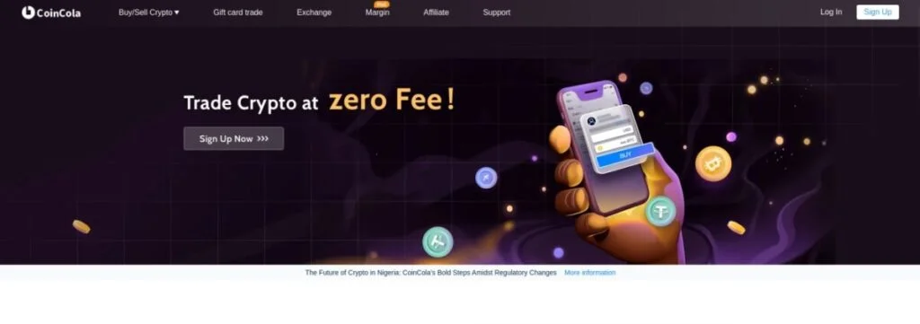 A webpage from CoinCola promoting zero-fee crypto trading and the ability to buy Bitcoin with a gift card. The banner shows a hand holding a phone with cryptocurrency symbols floating around. There are options to sign up and log in.