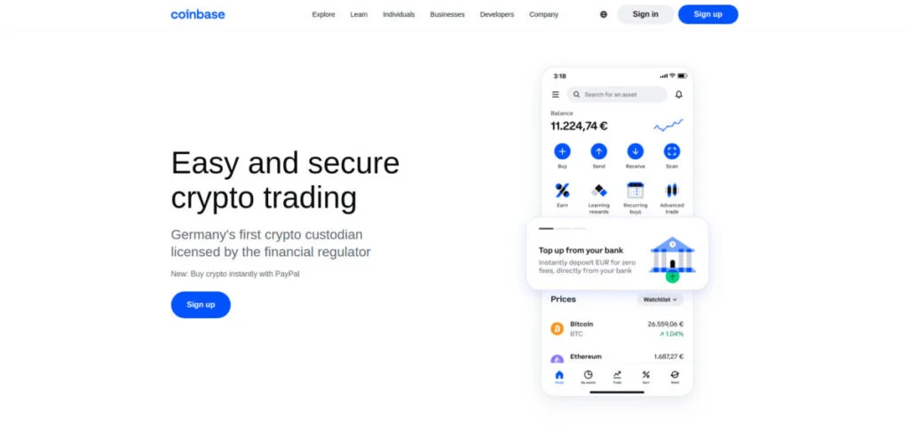A Coinbase webpage showcasing its crypto trading app with the text "Easy and secure crypto trading," and features like bank transfers. The app screen shows account balance and prices for Bitcoin and Ethereum.