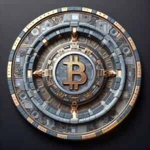 A 3D-rendered Bitcoin symbol is at the center of a detailed, circular crypto poker-themed design on a dark background.