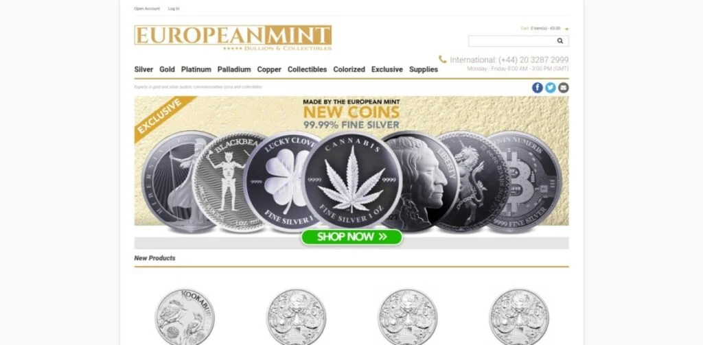 Website homepage of European Mint displaying various silver coins including cannabis-themed coins, with a "Shop Now" button prominently featured.