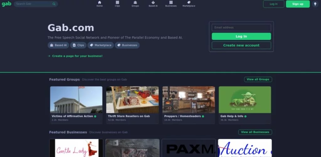 Screenshot of Gab.com homepage showing options to sign in or create a new account. Explore featured groups like "Thrift Store Resellers" and discover businesses such as "PAXM Auction." Known as one of the best decentralized social media networks, Gab offers a community-driven experience.