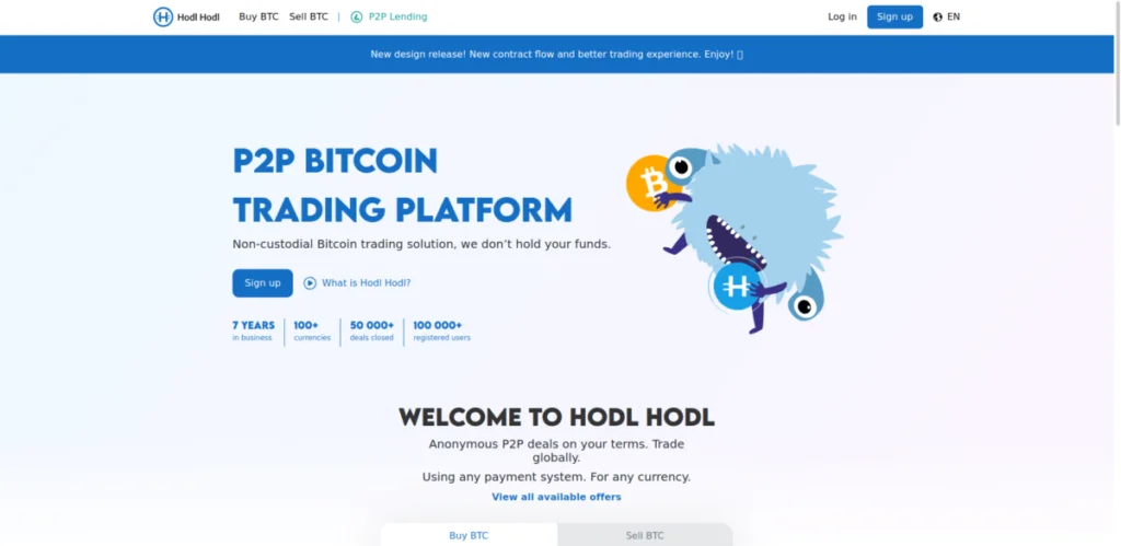 Screenshot of Hodl Hodl's homepage advertising its P2P Bitcoin trading platform with a blue monster graphic holding Bitcoin and Euro symbols. Features mentioned include not holding user funds and anonymous trading.