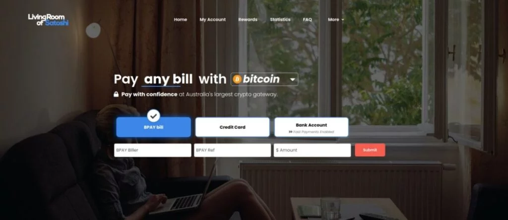 Screenshot of a webpage from Living Room of Satoshi allowing users to pay bills with Bitcoin, featuring options for BPAY bill, credit card, and bank account payments. The interface shows fields for biller, ref, amount, and a submit button.