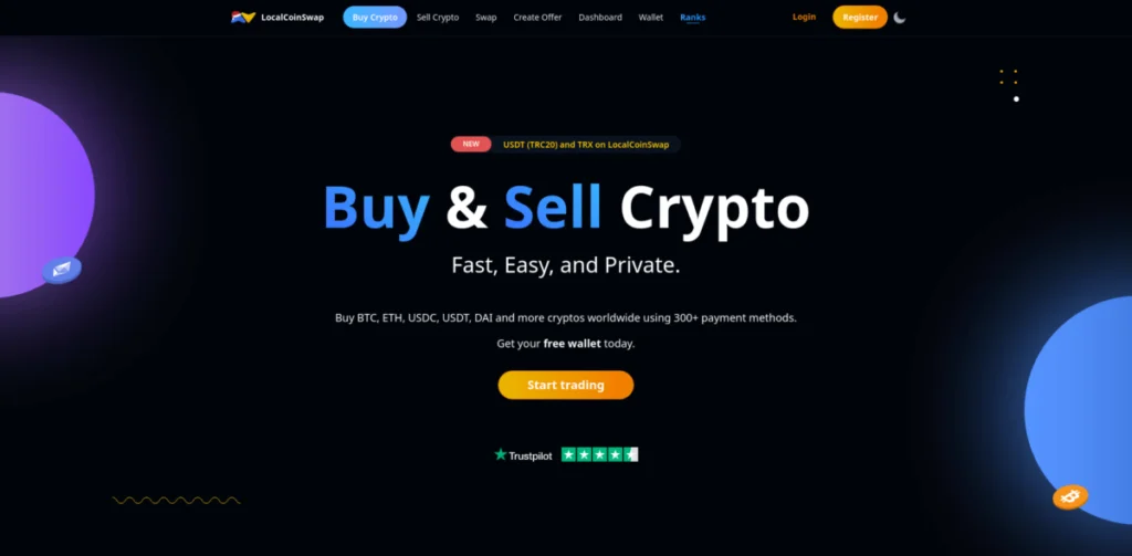 A webpage promoting cryptocurrency trading with the text "Buy & Sell Crypto," including options to register or start trading. The site assures privacy and offers over 300 payment methods, allowing you to even buy Bitcoin with a gift card.