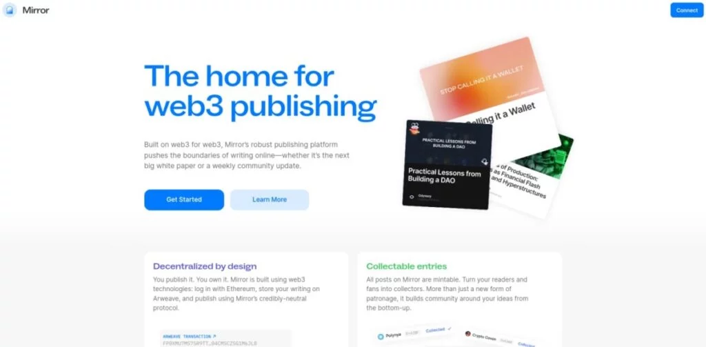 Mirror platform homepage showcasing web3 publishing with options for getting started, learning more, decentralized design, collectible entries, and practical lessons for building a DAO—all while highlighting its role as one of the best decentralized social media networks.