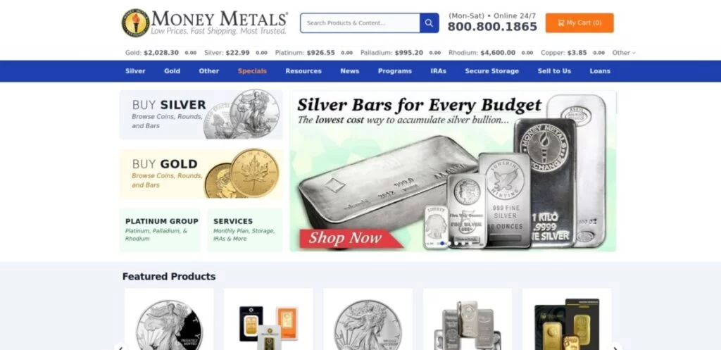 Screenshot of the Money Metals website homepage, showing options to buy silver and gold along with featured products such as silver bars and coins. A banner promotes silver bars for every budget.