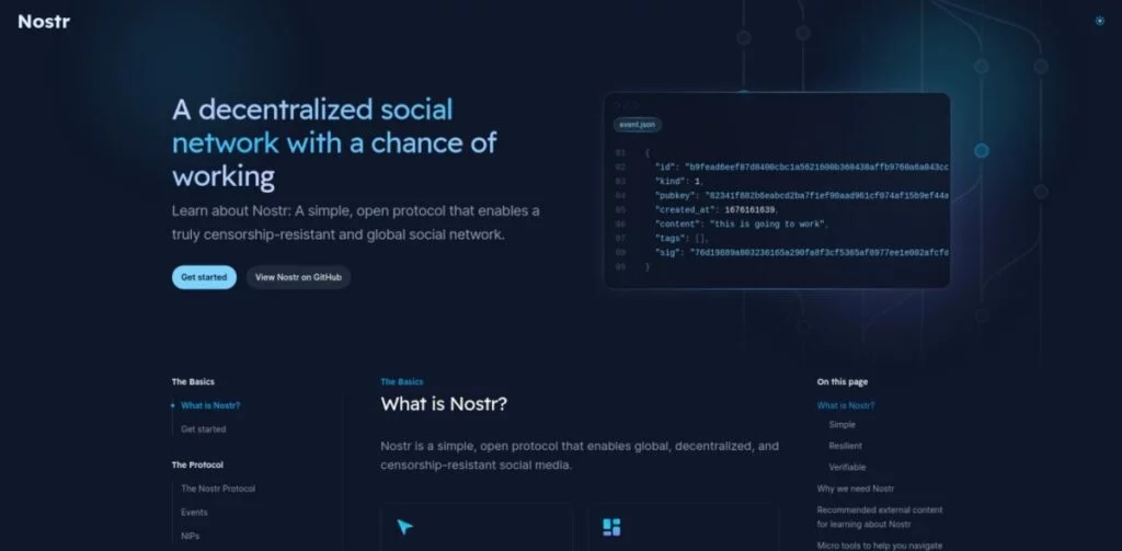 Screenshot of the Nostr website, showcasing a headline about creating one of the best decentralized social media networks, a sample code snippet, and sections explaining "What is Nostr?", "The Protocol", and other basics.