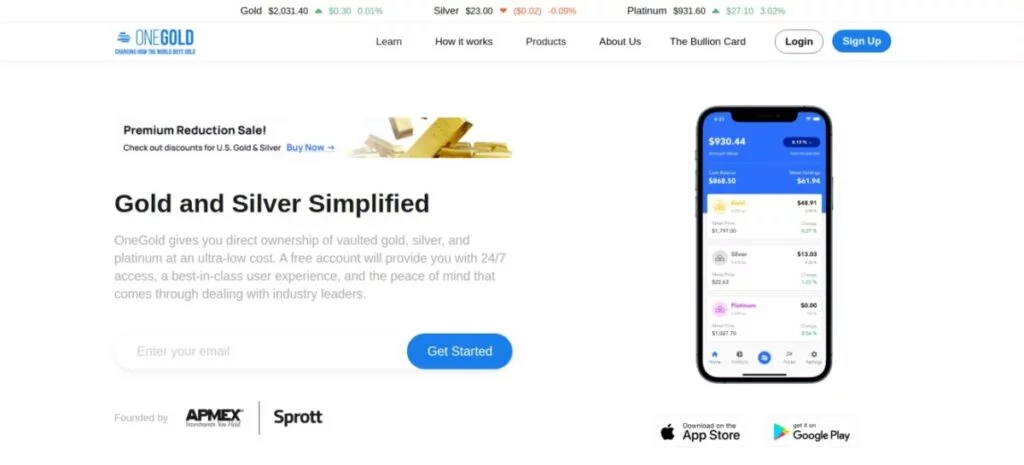 A webpage showcasing OneGold, a platform for buying and managing gold and silver. It features promotional text, company logos, an app screenshot on a mobile phone, and links for downloading the app.