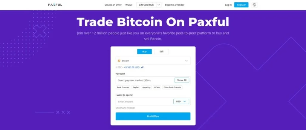 Screenshot of Paxful's website with a form to buy or sell Bitcoin. The page highlights that users can join over 12 million people trading Bitcoin, offering various payment methods and fiat currencies—including the option to buy Bitcoin with a gift card.
