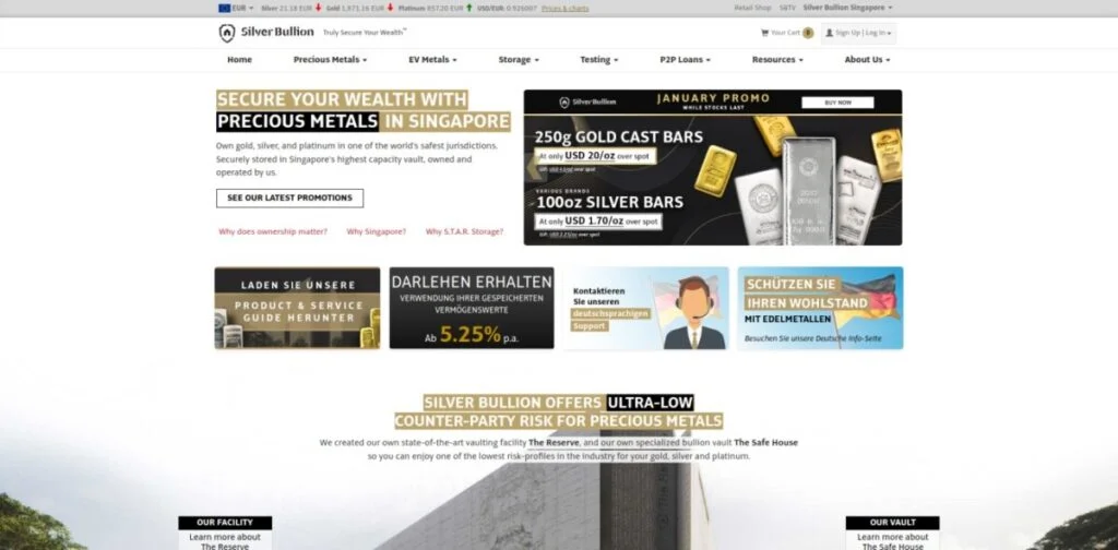 Screenshot of the Silver Bullion website homepage featuring promotions for gold and silver bars, secure storage services, and investment opportunities. Links to various site sections are also visible.