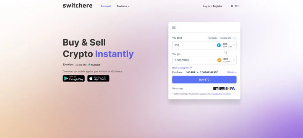 A screenshot of the Switchere website showing options for buying and selling cryptocurrency, with selection fields for amounts, currencies, and payment methods. The options include Euro and Bitcoin.