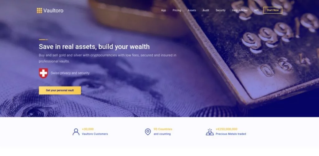 Screenshot of the Vaultoro homepage showcasing services for buying and selling gold and silver with cryptocurrencies. Features include security and insurance, with references to customer statistics.