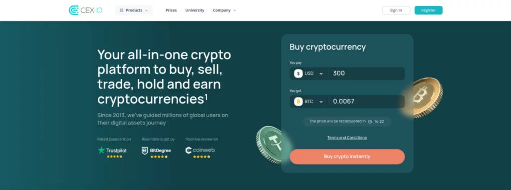 A screenshot of a cryptocurrency platform's homepage showing options to buy, sell, trade, hold, and earn cryptocurrencies. Features a currency conversion tool for USD to BTC and a "Buy crypto instantly" button.