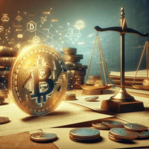 A glowing Bitcoin symbol stands beside scales of justice on a desk with papers and coins, illustrating the intersection of cryptocurrency, legal regulation, and the organizing power of crypto tax software.