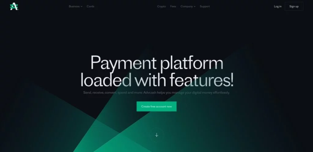 A website landing page with a black background. Text reads, "Payment platform loaded with features!" and a green button says, "Create free account now." Menu options are Business, Crypto Debit Card, Fees, Company, Support.