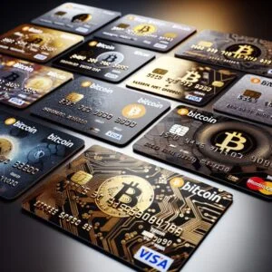 A variety of crypto debit cards with bitcoin logos. Some cards have Visa or Mastercard logos, each displaying a unique circuit board design and different bitcoin graphics.