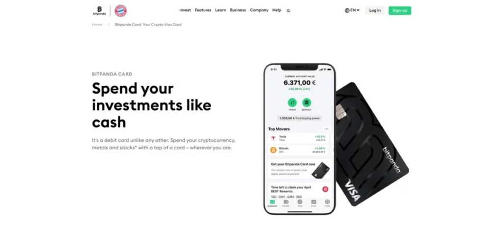 A webpage promoting the Bitpanda Card, with a headline "Spend your investments like cash." An image of a smartphone displaying a balance next to a sleek black Bitpanda Visa Crypto Debit Card is shown.